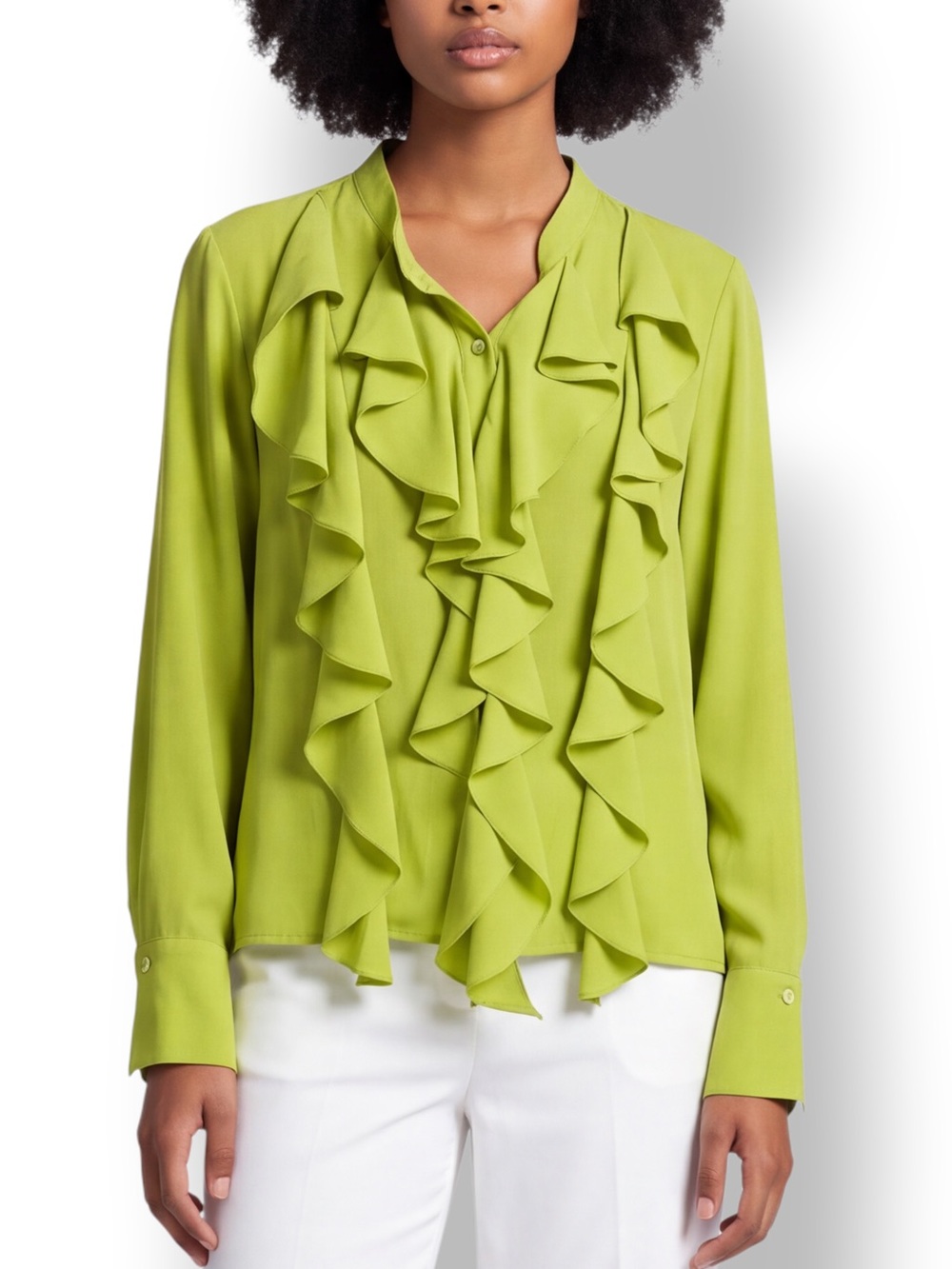 4/$20 Luxe Moda Lime Green Cascading Ruffle Blouse Size Large